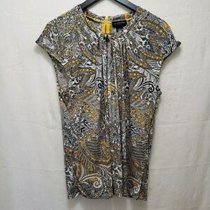 Liz Claiborne Career Blouse Large LT Yellow Black Paisley Pleated Back Zip Top